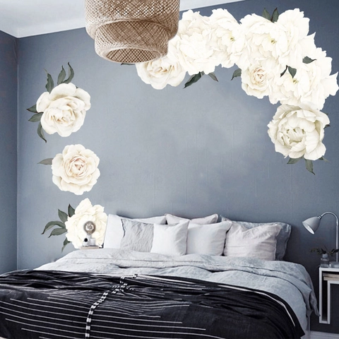 White Peony Flower Wall Stickers PVC Removable Floral Decals For Living Room Bedroom TV Background Modern Home Decor
