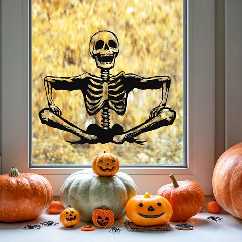 Halloween Smiling Skeleton Wall Sticker Removable PVC Window Decal For Home Decor Holiday Party Supplies Gothic Decor