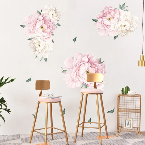 Watercolor Peony Flower Green Leaves Wall Stickers PVC Removable Floral Wall Decal For Bedroom Living Room Home Decoration