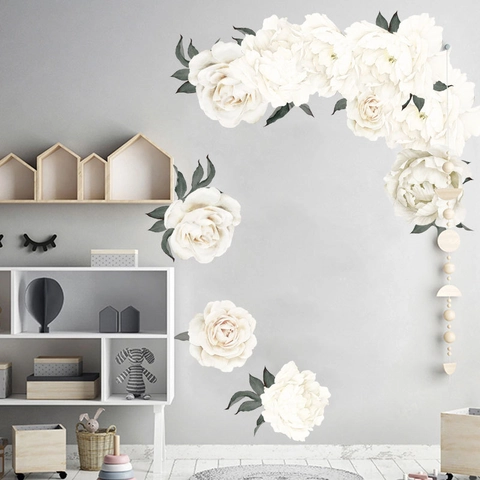 White Peony Flower Wall Stickers PVC Removable Floral Decals For Living Room Bedroom TV Background Modern Home Decor