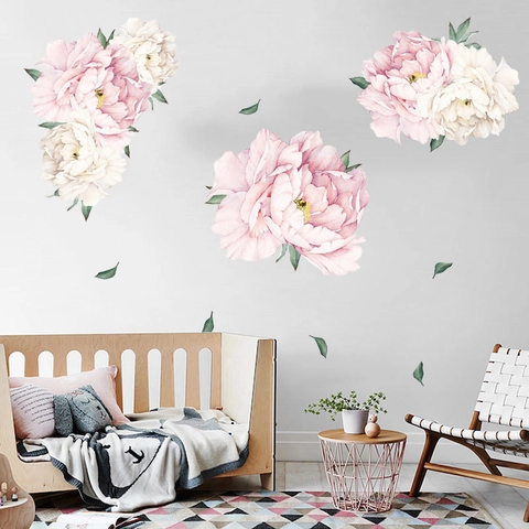 Watercolor Peony Flower Green Leaves Wall Stickers PVC Removable Floral Wall Decal For Bedroom Living Room Home Decoration