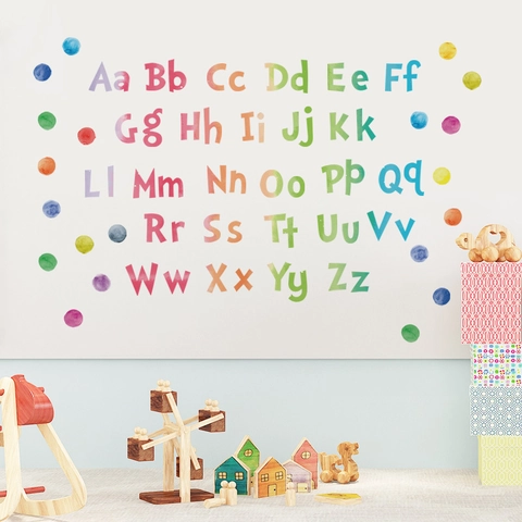 Aquarell Punktmuster Englische Buchstaben Wandtattoo Für Kinderzimmer Kindergarten A-Z Alphabet Abnehmbare PVC Dekorative Wandsticker