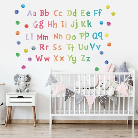 Aquarell Punktmuster Englische Buchstaben Wandtattoo Für Kinderzimmer Kindergarten A-Z Alphabet Abnehmbare PVC Dekorative Wandsticker