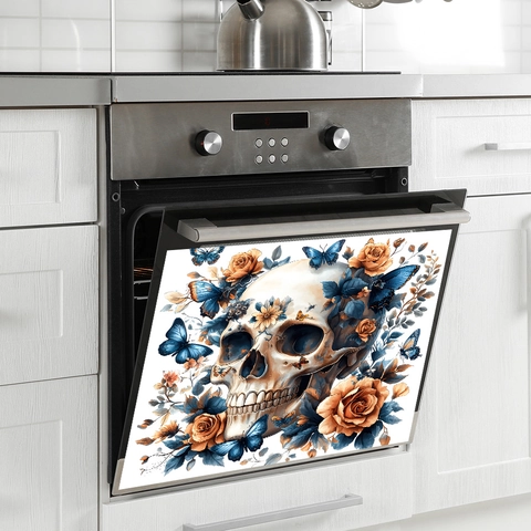 Halloween Gothic Skeleton Skull With Orange Rose Blue Butterfly Wall Sticker Removable PVC Kitchen Fridge Cabinet Decor