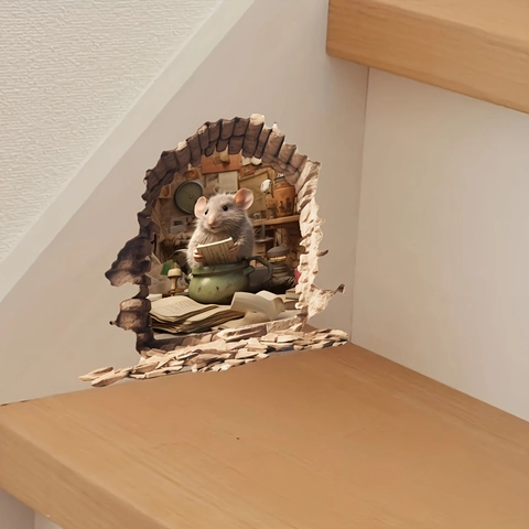 Adesivo da Parete 3D Buco del Topo Motivo Topo Cartone Animato Autoadesivo in PVC per Soggiorno Camera da Letto Scale Casa