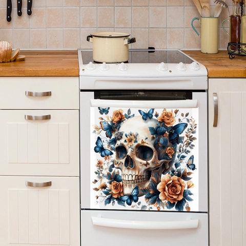 Halloween Gothic Skeleton Skull With Orange Rose Blue Butterfly Wall Sticker Removable PVC Kitchen Fridge Cabinet Decor