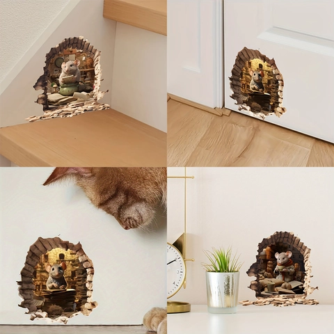 Adesivo da Parete 3D Buco del Topo Motivo Topo Cartone Animato Autoadesivo in PVC per Soggiorno Camera da Letto Scale Casa