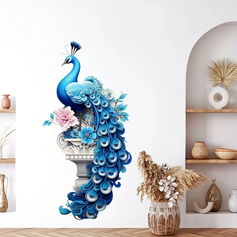 Adesivo da Parete in PVC Effetto 3D Pavone Blu Moderno Autoadesivo Floreale Uccello Decorazione Casa per Soggiorno Camera da Letto