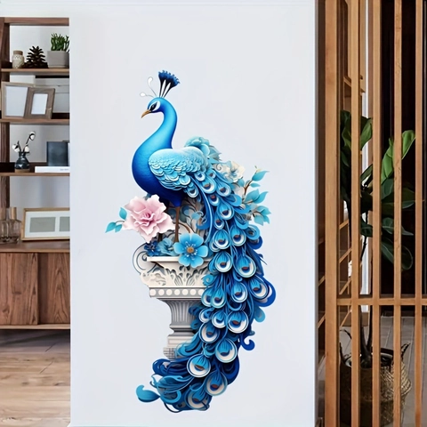Adesivo da Parete in PVC Effetto 3D Pavone Blu Moderno Autoadesivo Floreale Uccello Decorazione Casa per Soggiorno Camera da Letto