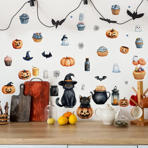 Halloween Zwarte Kat Pompoen Geest Muurstickers PVC Verwijderbare Decals Voor Woonkamer Slaapkamer Keuken Vakantie Feest Decor