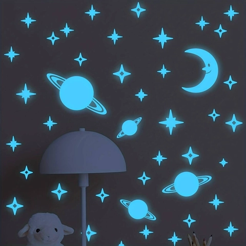 Adesivi Murali Fluorescenti al Buio in PVC Luna Stelle Pianeti Cartoon per Cameretta Bambini Soffitto Decorazione Casa