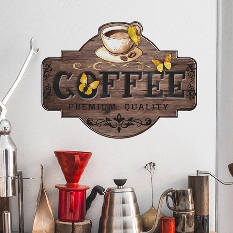 Vintage Coffee Cup Theme PVC Wall Sticker Retro Wood Grain Design Coffee Bean Butterfly Decorative Decal For Kitchen Cafe