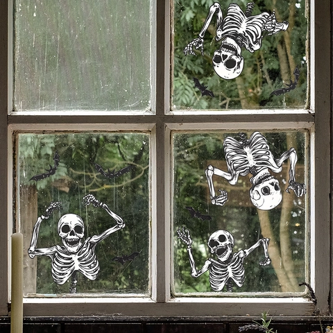 Adesivi per Finestra Statici Scheletro Pipistrelli Halloween PVC Decalcomanie da Parete Rimovibili per Decorazione Casa