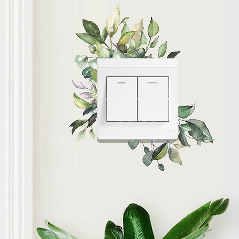 Watercolour Green Leaves Switch Sticker PVC Decorative Wall Decal For Living Room Bedroom Home Decor Switch Panel Decoration