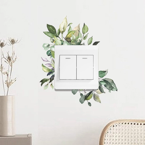 Watercolour Green Leaves Switch Sticker PVC Decorative Wall Decal For Living Room Bedroom Home Decor Switch Panel Decoration