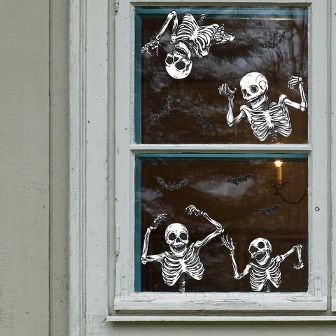 Adesivi per Finestra Statici Scheletro Pipistrelli Halloween PVC Decalcomanie da Parete Rimovibili per Decorazione Casa