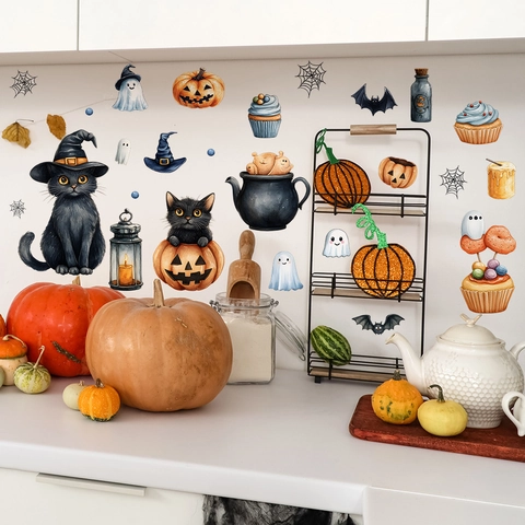Halloween Zwarte Kat Pompoen Geest Muurstickers PVC Verwijderbare Decals Voor Woonkamer Slaapkamer Keuken Vakantie Feest Decor