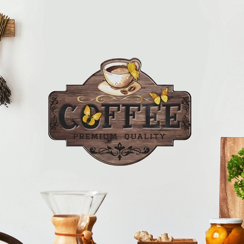 Vintage Coffee Cup Theme PVC Wall Sticker Retro Wood Grain Design Coffee Bean Butterfly Decorative Decal For Kitchen Cafe