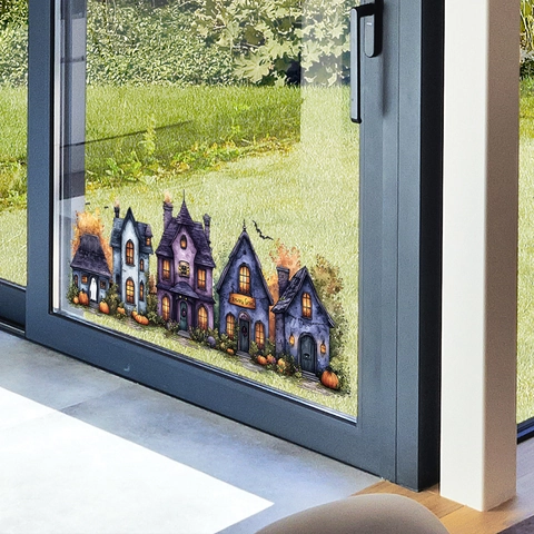 Halloween Spukhaus Fensteraufkleber PVC UV Statische Aufkleber Für Glas Deko Schloss Kürbis Geist Fledermaus Abnehmbare Dekals