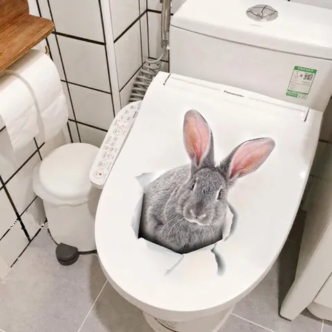3D Realistisch Grijs Konijn Gat Muursticker Verwijderbare PVC Waterdicht Toiletdeksel Decal Voor Koelkast Auto Home Decor
