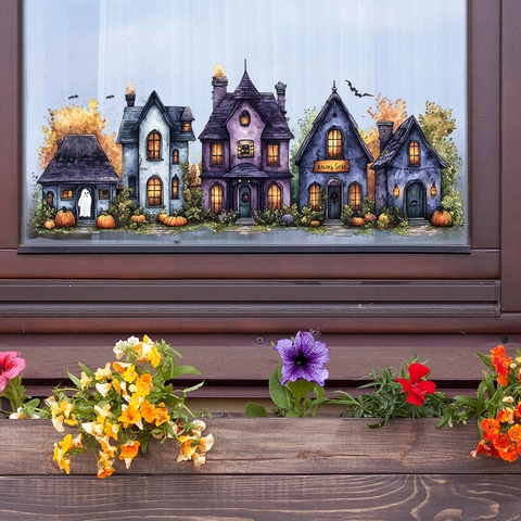 Halloween Spukhaus Fensteraufkleber PVC UV Statische Aufkleber Für Glas Deko Schloss Kürbis Geist Fledermaus Abnehmbare Dekals