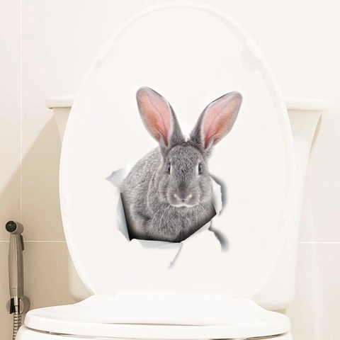 3D Realistisch Grijs Konijn Gat Muursticker Verwijderbare PVC Waterdicht Toiletdeksel Decal Voor Koelkast Auto Home Decor