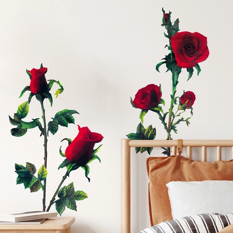 Adesivo da Parete Romantico con Rosa Rossa in PVC Decalcomania Floreale Realistica per Camera da Letto Soggiorno Casa