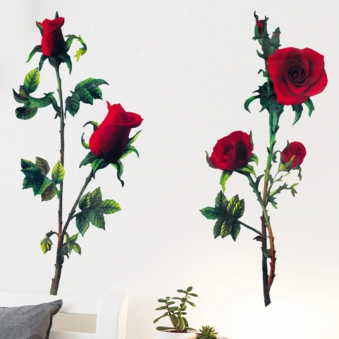 Adesivo da Parete Romantico con Rosa Rossa in PVC Decalcomania Floreale Realistica per Camera da Letto Soggiorno Casa