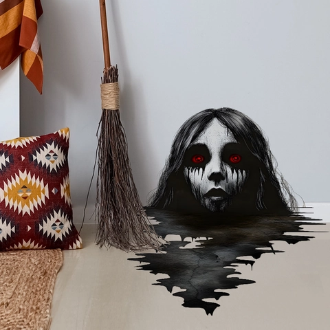 Pegatina Pared 3D Fantasma Halloween Aterrador PVC Removible Mujer Terror Ojos Rojos Calcomanía Suelo Para Dormitorio Salón Decoración