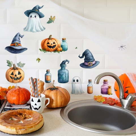 Adesivo da Parete Halloween Acquerello Zucca Fantasma Cappello da Strega PVC Rimovibile Autoadesivo Decorazione Casa Camera Letto