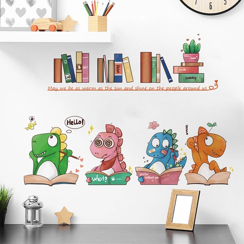 Cartoon Dinosaur Reading Books Wall Sticker PVC Waterproof DIY Decal For Kids Room Kindergarten Classroom Nursery Decor
