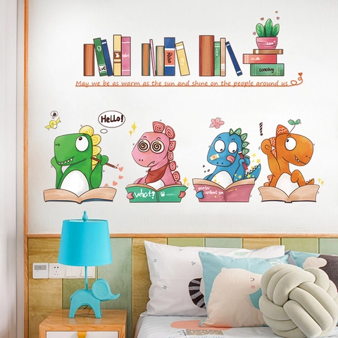 Cartoon Dinosaur Reading Books Wall Sticker PVC Waterproof DIY Decal For Kids Room Kindergarten Classroom Nursery Decor