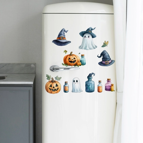 Adesivo da Parete Halloween Acquerello Zucca Fantasma Cappello da Strega PVC Rimovibile Autoadesivo Decorazione Casa Camera Letto