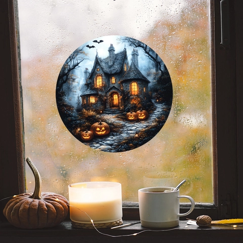 Halloween Schloss Kürbis Fledermaus Statischer Fensteraufkleber UV Druck PVC Runder Glasaufkleber Für Halloween Party Haus Deko