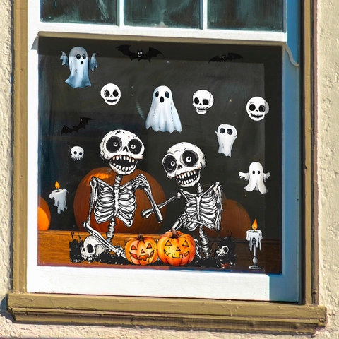 Halloween Window Stickers Skeleton Ghost Pumpkin Bat UV Static Cling Removable PVC Wall Decal For Glass Home Party Decor