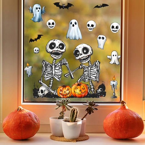 Halloween Window Stickers Skeleton Ghost Pumpkin Bat UV Static Cling Removable PVC Wall Decal For Glass Home Party Decor