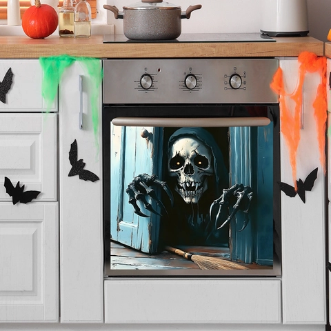 Adesivo da Parete Halloween 3D Realistico Scheletro Peeping Porta PVC Impermeabile per Forno Frigorifero Lavastoviglie Casa