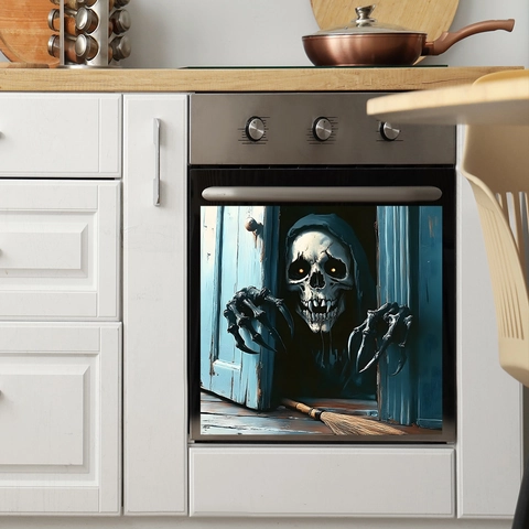 Adesivo da Parete Halloween 3D Realistico Scheletro Peeping Porta PVC Impermeabile per Forno Frigorifero Lavastoviglie Casa