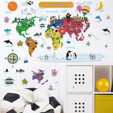 Cartoon Animal World Map Wall Stickers For Kids Room Educational PVC Removable 7 Continents Map Decal For Kindergarten Bedroom Decorative