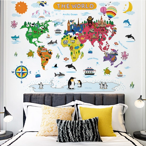 Cartoon Animal World Map Wall Stickers For Kids Room Educational PVC Removable 7 Continents Map Decal For Kindergarten Bedroom Decorative