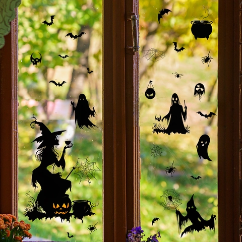 Halloween Witch Ghost Bat Silhouette PVC Wall Stickers For Glass Window Bedroom Living Room Home Decor Removable Stickers