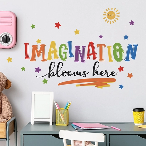 Creative Imagination Blooms Here English Slogan Wall Sticker Colorful PVC DIY Decal For Classroom Children Room Decor