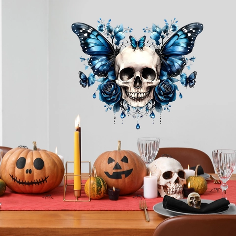Gothisch Halloween Totenkopf Schmetterling Wandsticker Blau Rose Home Decor PVC Selbstklebend Aufkleber Für Wohnzimmer Party