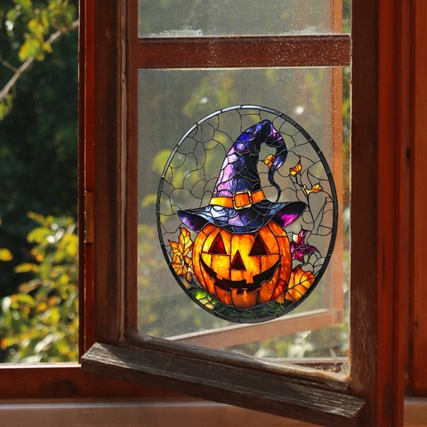 Halloween Pumpkin Witch Hat Window Cling Stained Glass Style Static PVC Sticker For Home Glass Door Holiday Decoration Party Ornament