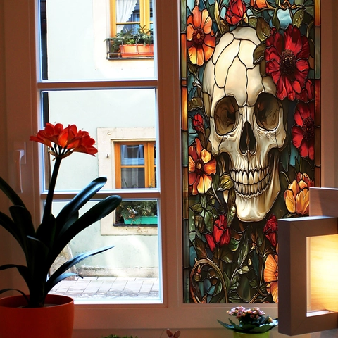 Pegatina de Ventana Calavera Flor de Vidriera Gótica Halloween Adhesión Estática PVC Para Decoración Hogar Película Privacidad
