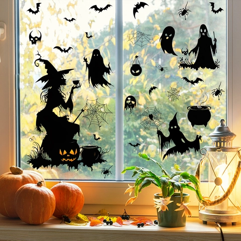 Halloween Witch Ghost Bat Silhouette PVC Wall Stickers For Glass Window Bedroom Living Room Home Decor Removable Stickers