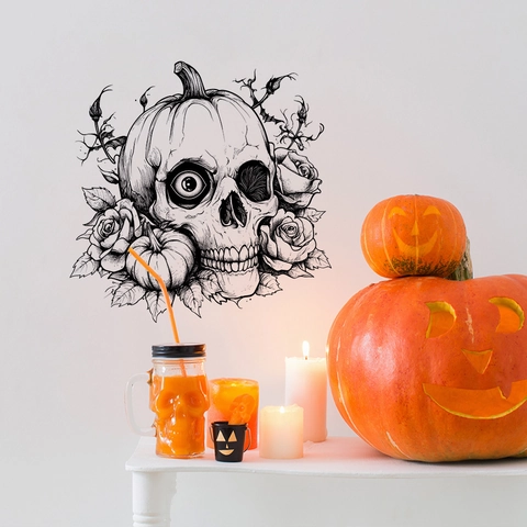 Halloween Skull Pumpkin Flower Wall Sticker PVC Gothic Skeleton Rose Pattern Decal For Living Room Bedroom Home Decoration