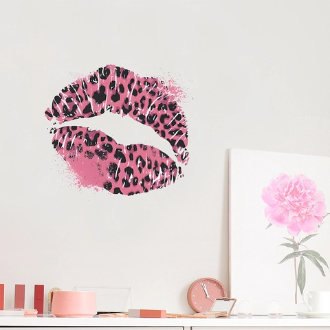 Rosa Leopardenmuster Lippen Wandaufkleber Modern Art PVC Aufkleber Für Schlafzimmer Wohnzimmer DIY Home Wanddekoration