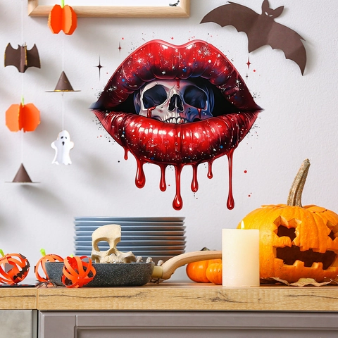 Gothic Halloween Wall Sticker PVC Lips Skull Pattern Self Adhesive Decal For Living Room Bedroom Home Decoration Party Supplies