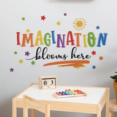 Creative Imagination Blooms Here English Slogan Wall Sticker Colorful PVC DIY Decal For Classroom Children Room Decor